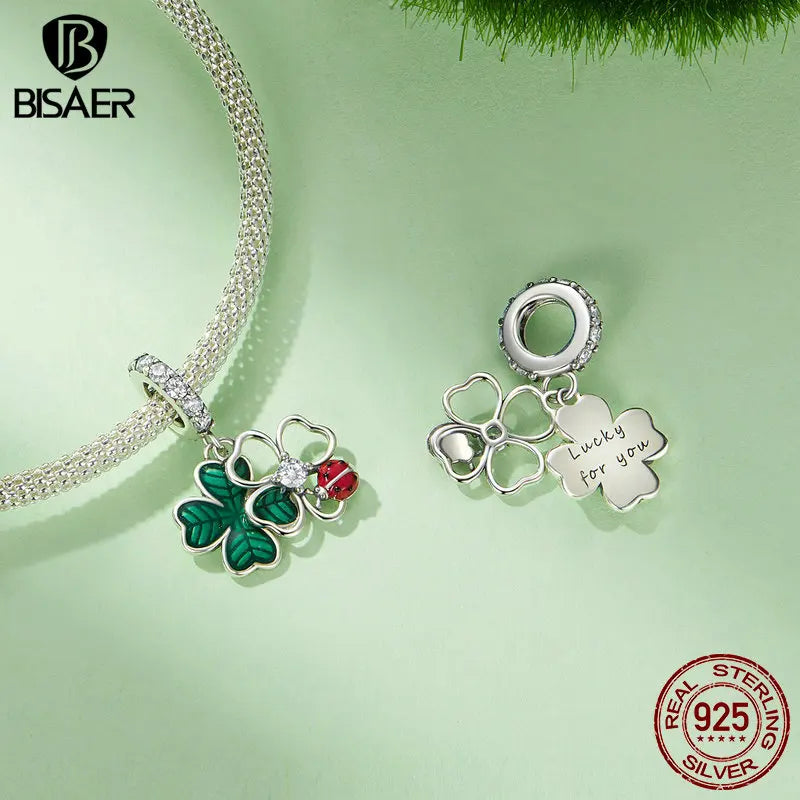 BISAER 925 Charms de trébol de cuatro hojas de plata esterlina Cuentas de esmalte verde Mariquita Colgante para mujer afortunada Pulseras de joyería DIY