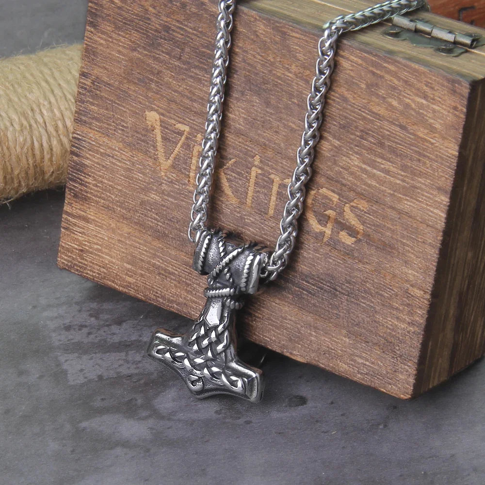 Fashion Valknut Viking Thor's Hammer Pendant Necklace With keel Chain As Men Gift with wooden box