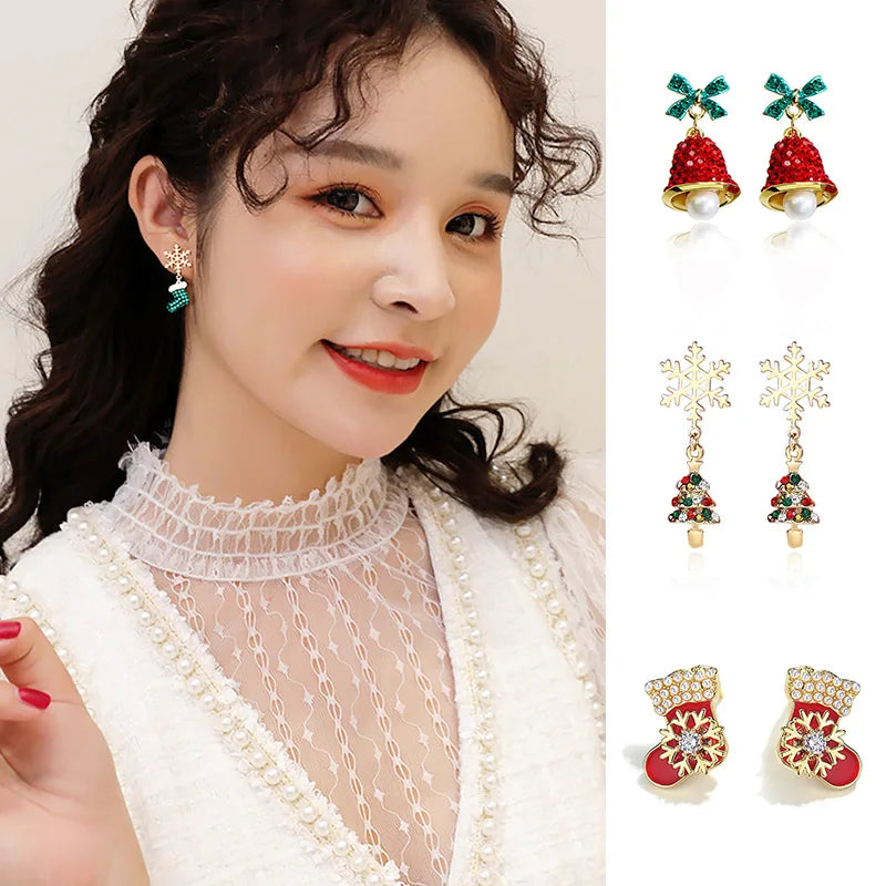 Pendientes colgantes de Papá Noel de Navidad para mujeres y niñas, aretes largos con borlas y copos de nieve, joyería divertida y a la moda