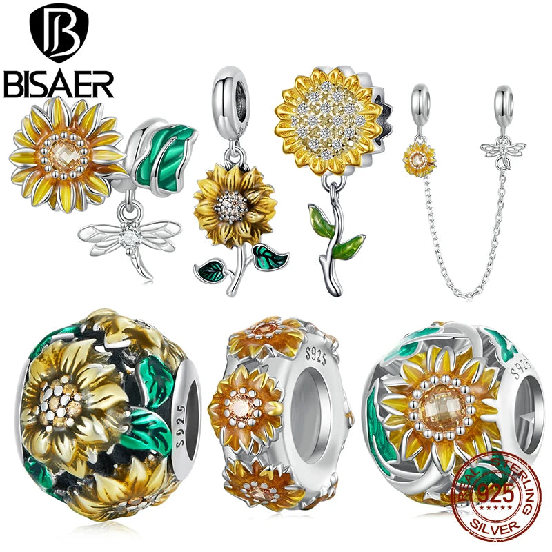 BISAER 925 Sterling Silver Sunflower Charm Bead Flower Pendant Dragonfly Safety Chain Plated Platinum Fit Elegant Women Bracelet