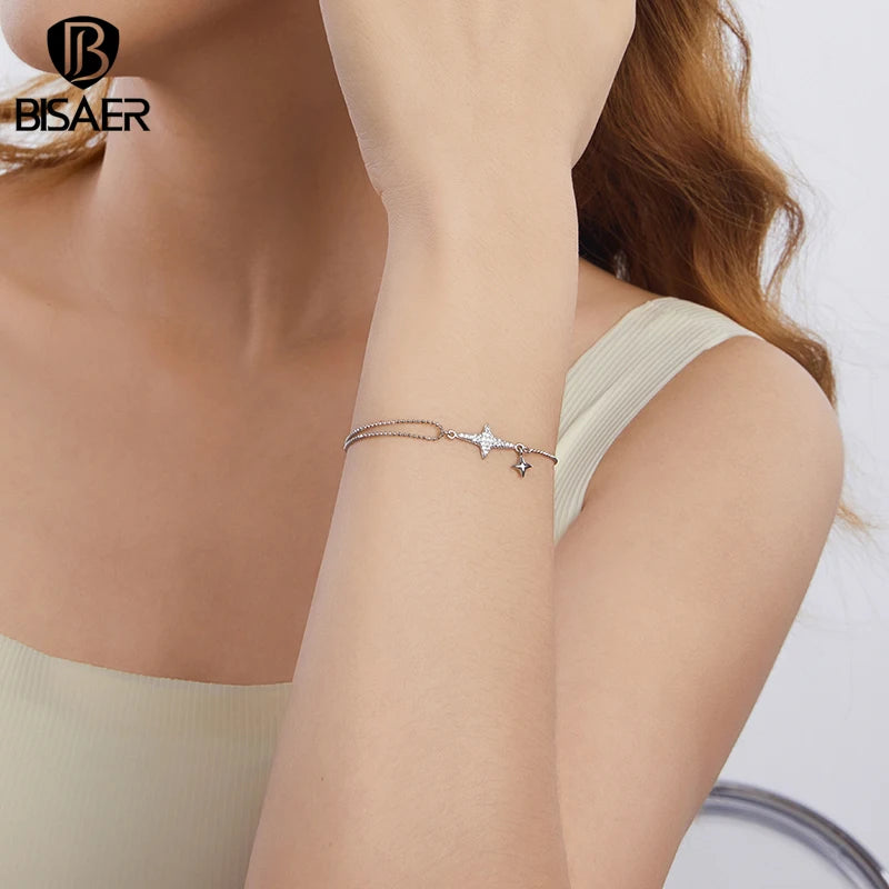 BISAER 925 Sterling Silver Starlight Bracelet Adjustable Charm Star Zircon Chain Plated White Gold for Women Party Fine Jewelry