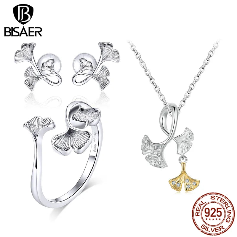 BISAER 925 Sterling Silver Ginkgo Leaf Ring Stud Earrings Necklace 14K Gold Plated for Elegant Women Party Fine Jewelry Set Gift