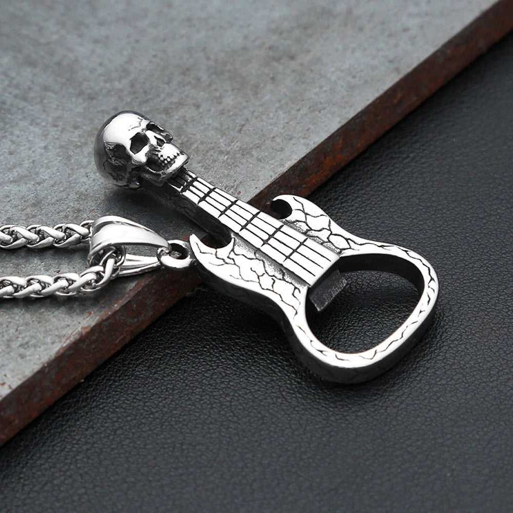 New Vintage Skull Guitar Pendant Necklace Stainless Steel Punk Hip Hop Personality Opener Necklaces For Men Rock Biker Jewelry