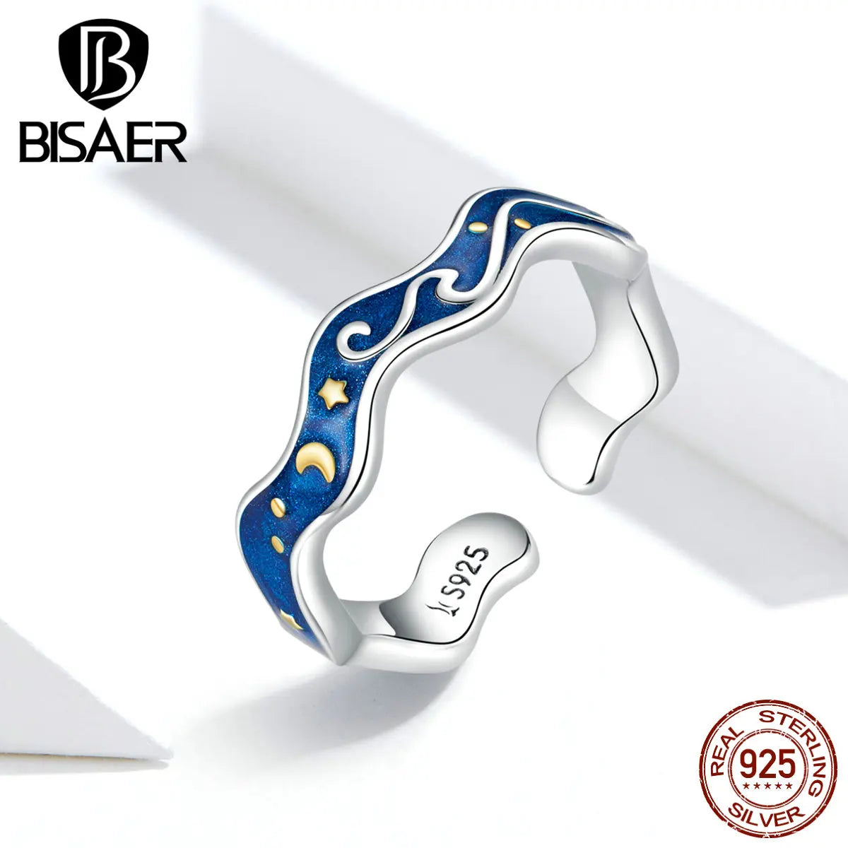 BISAER 925 Sterling Silver Blue Starry Sky of Van Gogh Ring for Couple Lover Open Finger Band Design Jewelry Accessories ECR608