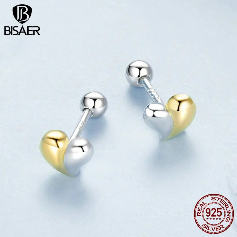 BISAER Real 925 Sterling Silver Two-tone Mini Heart Stud Earring Love Stud Plated Gold Ear For Woman Party Fine Jewelry EFE1089