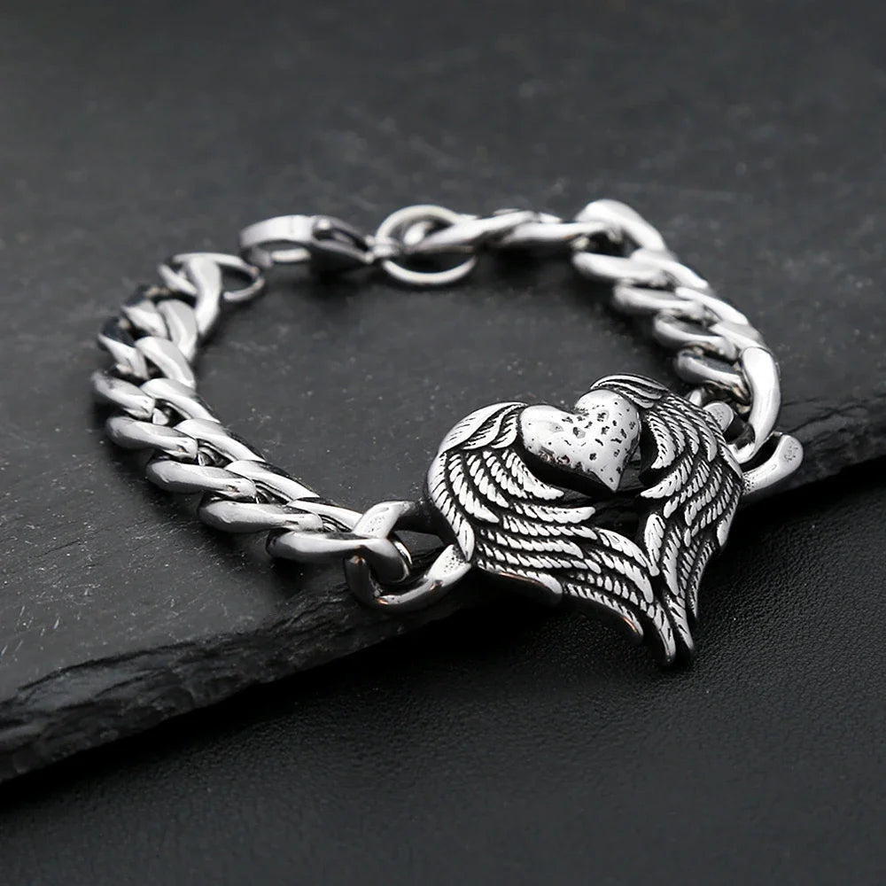 New Style Stainless Steel Angel Wings Love Bracelet Fashion Punk Feather Heart Bangles For Men Women Charm Biker Jewelry Gifts