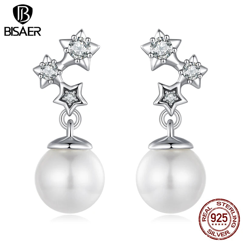 BISAER Real 925 Sterling Silver Star Stud Earrings Shell Pearl Stud Ear For Elegant Women Party Original Fine Jewelry EFE1120