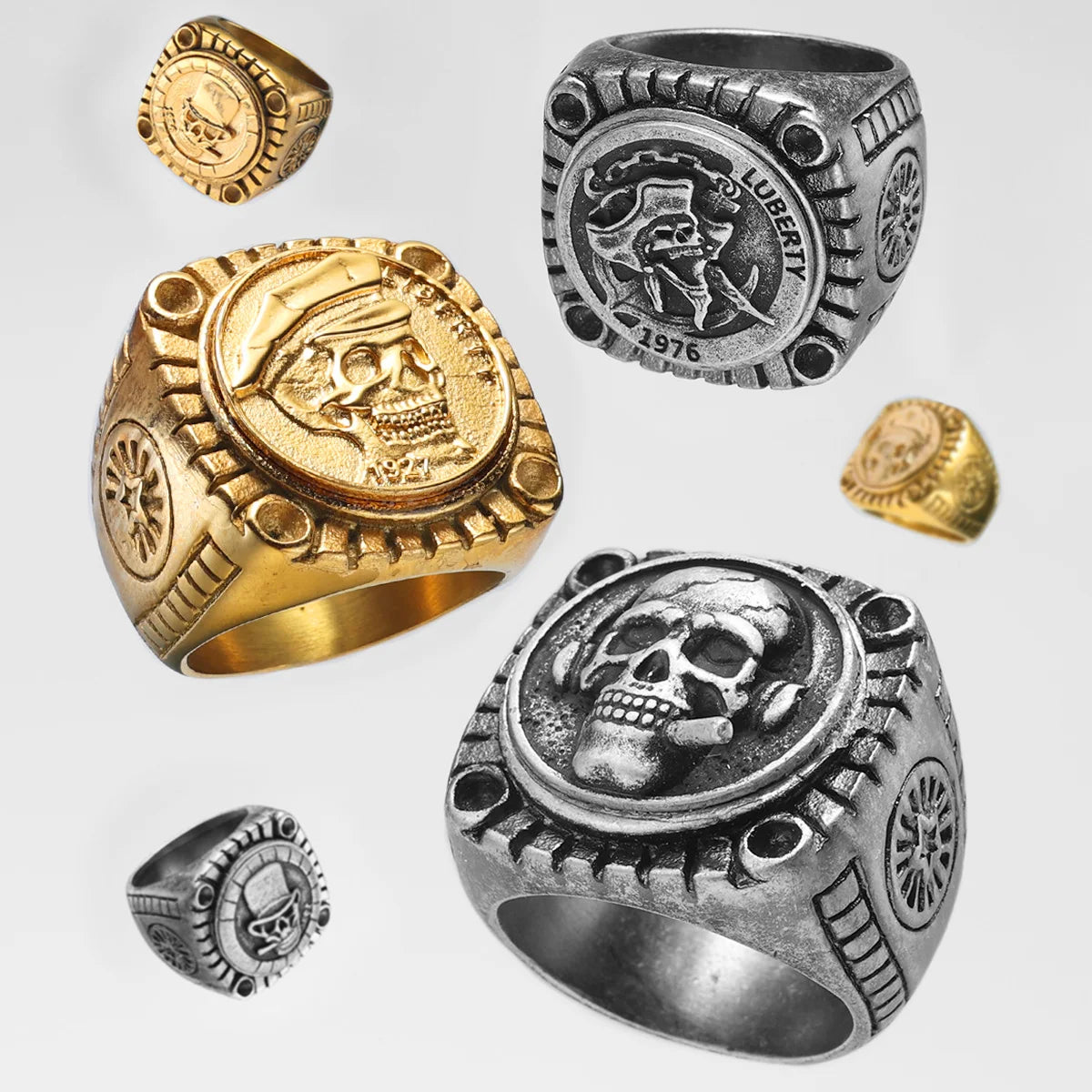 Totenkopf-Abzeichen-Ringe, 316L Edelstahl, Herrenring, Vielzahl von Retro-Skeletten, Punkrock, Punk für Reiter, männliche Raucher, Schmuck, bestes Geschenk