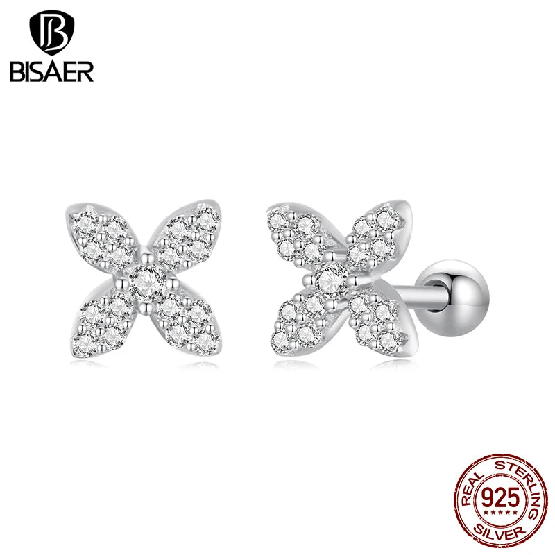 BISAER 925 Sterling Silver Mini Flower Stud Earrings Sparkling Zircon Hypoallergenic Earrings for Women Party Fine Jewelry Gift