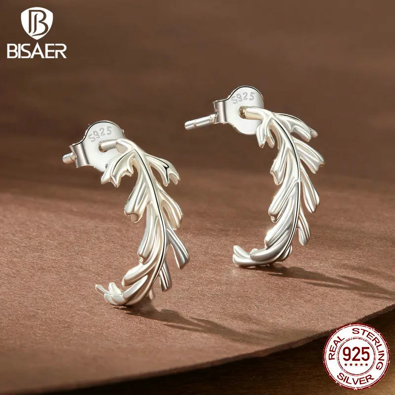 BISAER 925 Sterling Silber Blatt Ohrstecker Einfache Pflanzen Ohrclip Vergoldet Weißgold Für Frauen Mädchen Party Edlen Schmuck Geschenk