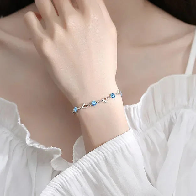 925 Sterling Silver Heart Shaped Necklace Bracelet Set for Women Vintage Korean Blue Crystal Bracelets Jewelry