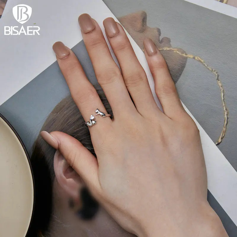 BISAER Anillos ajustables con forma de gato doble y bonito de plata de ley 925 auténtica, anillo abierto con forma de corazón de 6 a 9 circón, joyería de fiesta para mujer