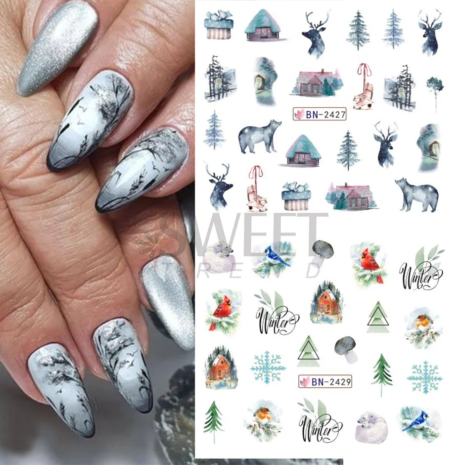 12pcs Winter Nail Stickers Cabin Landscape Deer Bear Bird Tree Animal Water Sliders White Snowy Decals Nail Art Decorations SABN