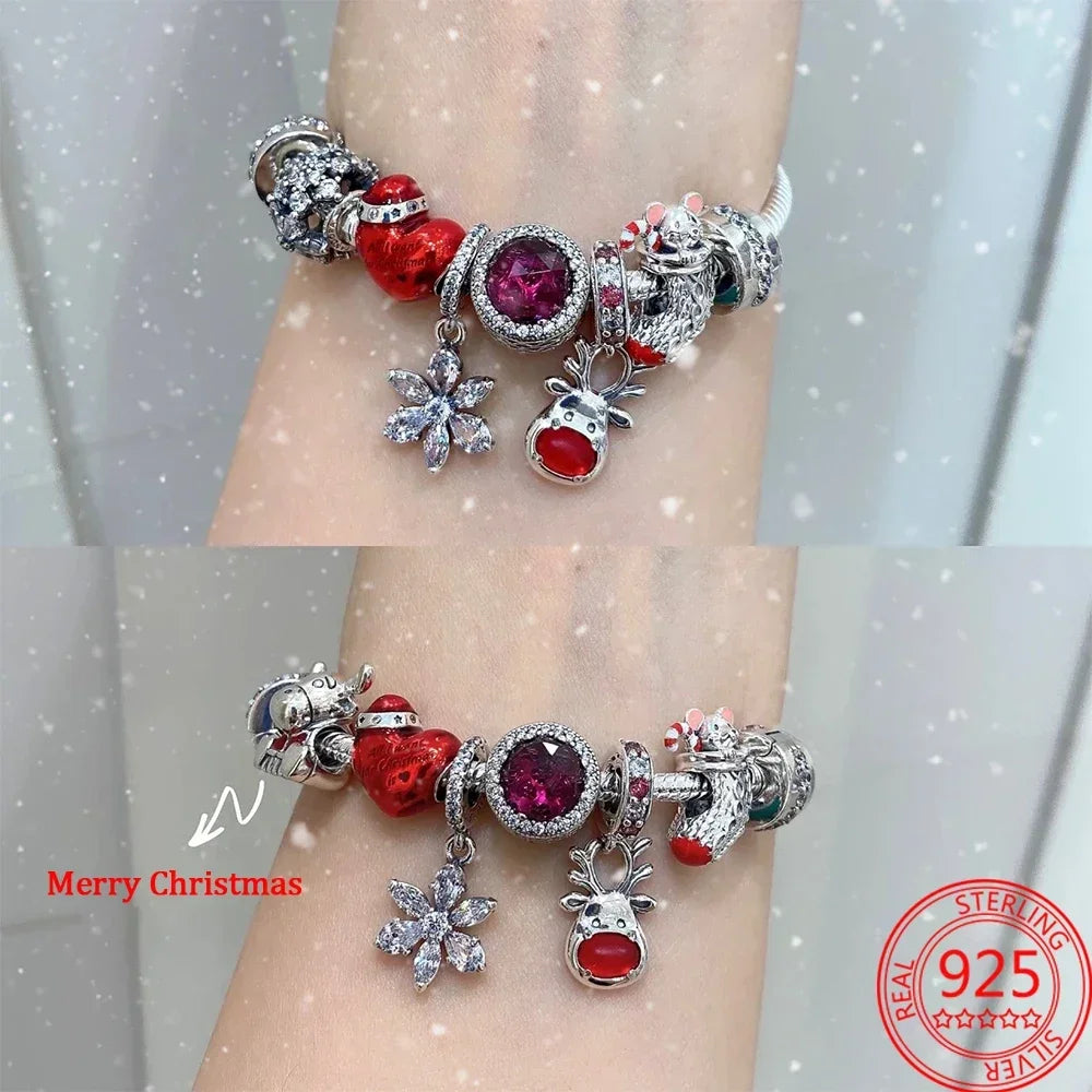Christmas Series 925 Sterling Silver Hat Heart Red Nose Reindeer Festive Car & Christmas Tree Dangle Charm Bracelet - Madeinsea©