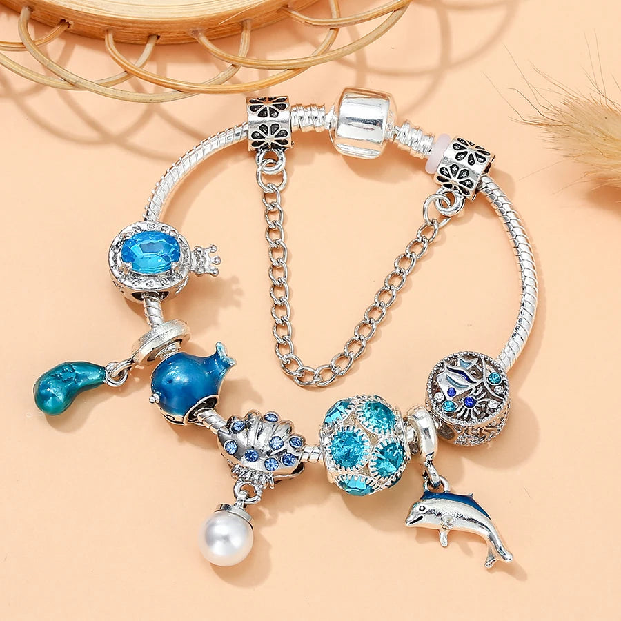 Seialoy Cyan Crystal Crown Pearl Shell Charm Bracelets For Women Man DIY Sea World Narwhal Beads Dolphin Pendant Bangle Jewelry