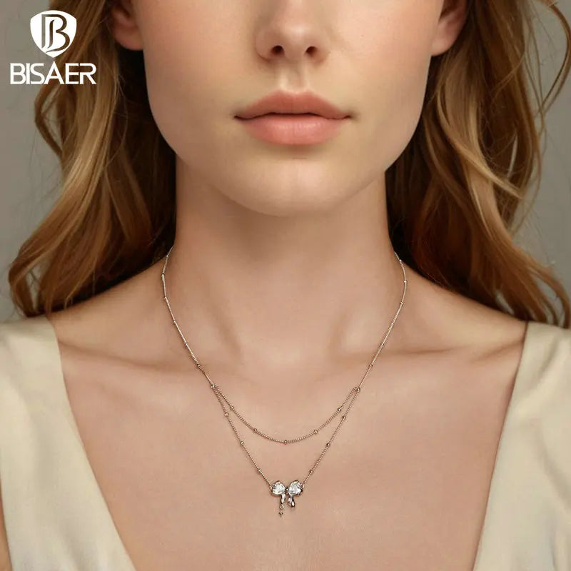 BISAER 925 Sterling Silver Dazzling Bowknot Pendant Necklace Adjustable Chain Plated White Gold for Woman Wedding Fine Jewelry