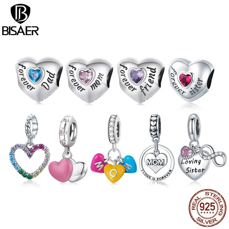 BISAER 925 Sterling Silver Heat Love Family Charm Mother Mom Dad Sister Friend Pendant Fit Woman DIY Bracelet  Fine Jewelry Gift