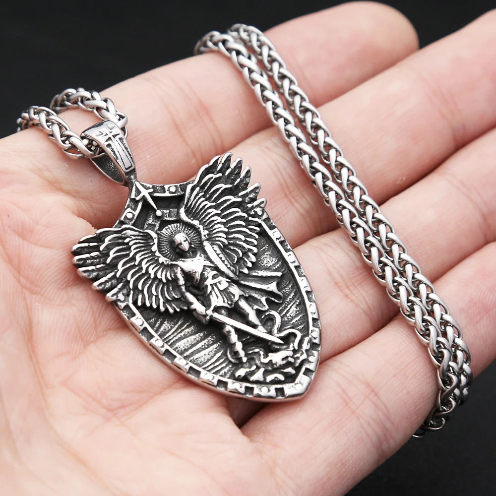 New Vintage Stainless Steel Stain Michael Pandent Necklaces Fashion Punk Angel Wings Necklace For Men Women Amulet Jewelry Gifts