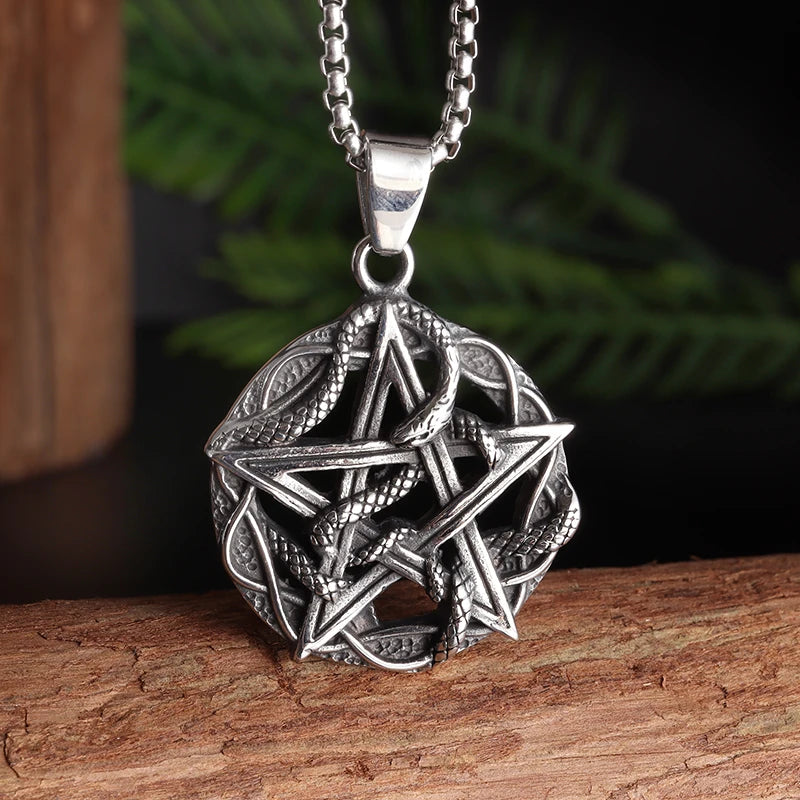 Halskette mit Pentagramm-Anhänger im Retro-Stil mit Schlangenmotiv für Herren, Fahrradschmuck, Punkrock, Exorzismus-Amulett