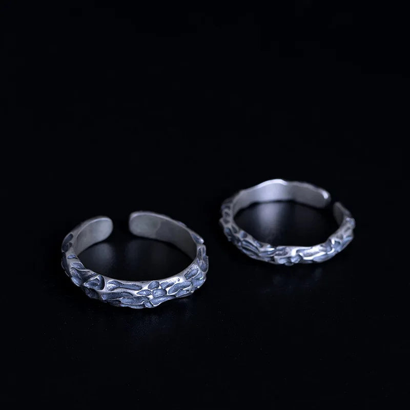 MKENDN Vintage Stone Texture Couple Rings Women 925 Sterling Silver Black Ring For Cool Men Punk Jewelry Gifts