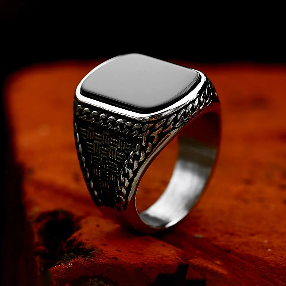 New Arrival Stainless Steel Square Black Stone Rings For Men Women Punk Fashion Arabic Stone Ring Ethnic Jewelry Gifts Wholesale