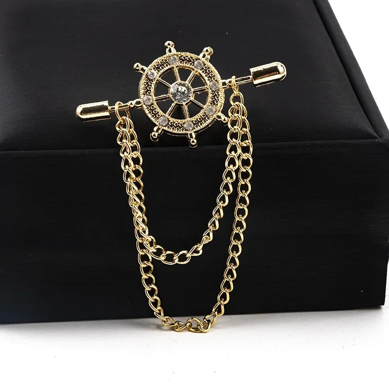 Korean Retro Crystal Brooches Navy Rudder Brooch Pin Tassel Chain Suit Shirt Badge Collar Lapel Pin for Men and Women Jewelry