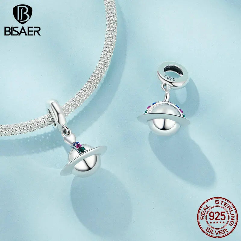 BISAER 925 Sterling Silver Bow Box Planet Pendant Starry Stopper Rocket Charms Beads for Women DIY Bracelets Fine Jewelry Gift