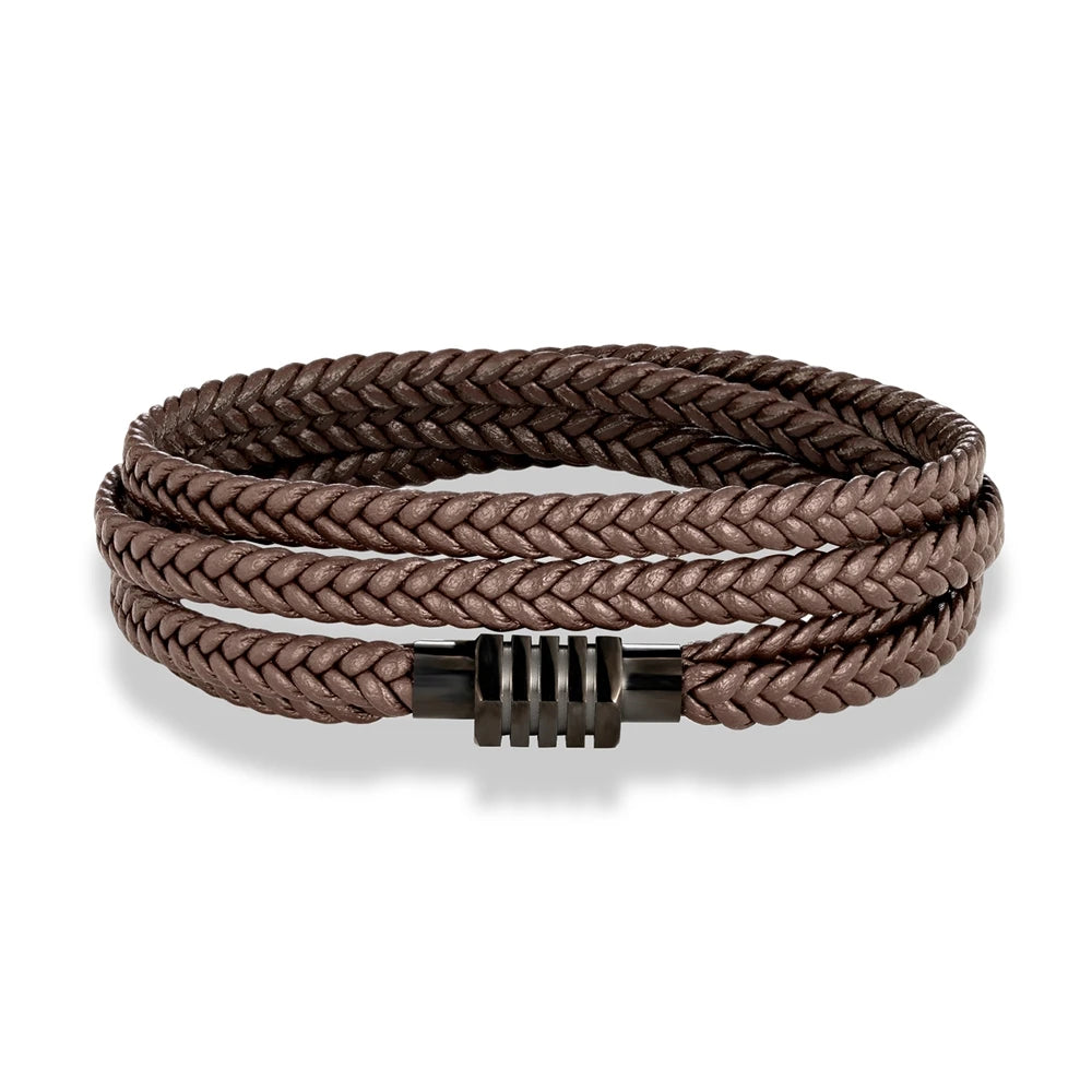 MKENDN Fashion Braided Rope Woven Multilayer Genuine Leather Bracelets Men Punk Black Stainless Steel Bangle Handmade Jewelry