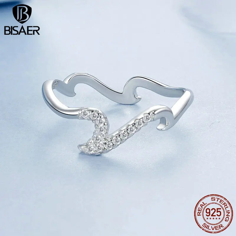 Bague en argent sterling 925 BISAER en forme de vague avec bande en émail dopamine plaquée or blanc pour femme, bijoux fins de fête, cadeau