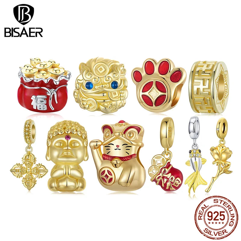 BISAER 925 Sterling Silver Lucky Koi Cat Pawprint Charm Bead Weaved Bag Pendant Plated Gold Fit Women DIY Bracelet Fine Jewelry