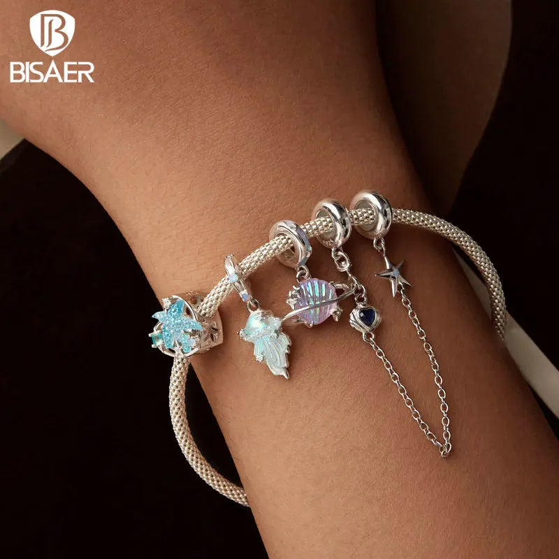 BISAER - Colgante de medusa de fantasía de plata de ley 925 con forma de planeta, concha y estrella de mar, apto para pulseras de mujer, joyería, regalo de vacaciones