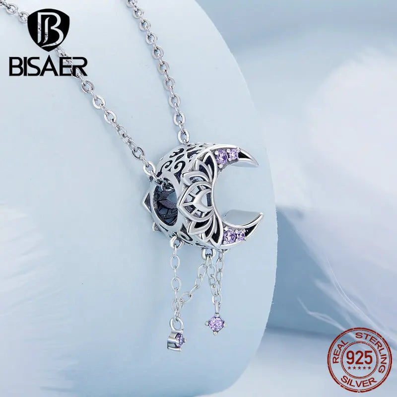 BISAER 925 Sterling Silver Moon Tassel Vintage Texture Purple CZ Charm Monternet Pearl Pendant Fit DIY Bracelet Necklace Jewelry