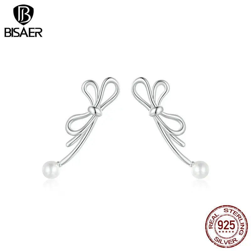 BISAER 925 Sterling Silver Delicate Bowknot Stud Earrings Pearl Plated White Gold Stud Ear For Woman Party Fine Jewelry Gift