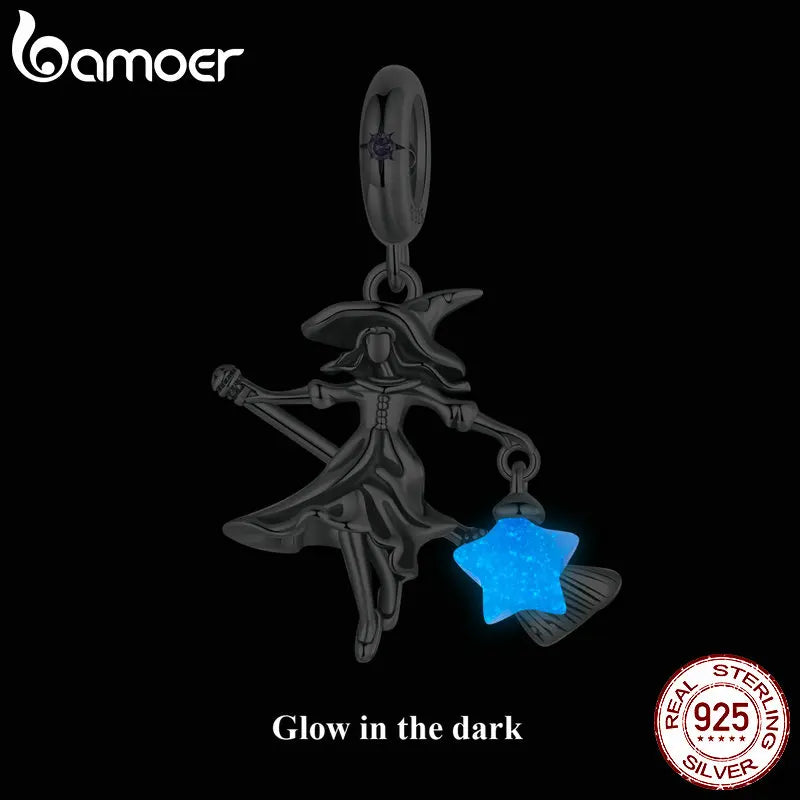 BAMOER Solid 925 Sterling Silver Luminous Elf Witch Pendant fit Original Bracelet & Necklaces Halloween Jewelry DIY bamoer Charm