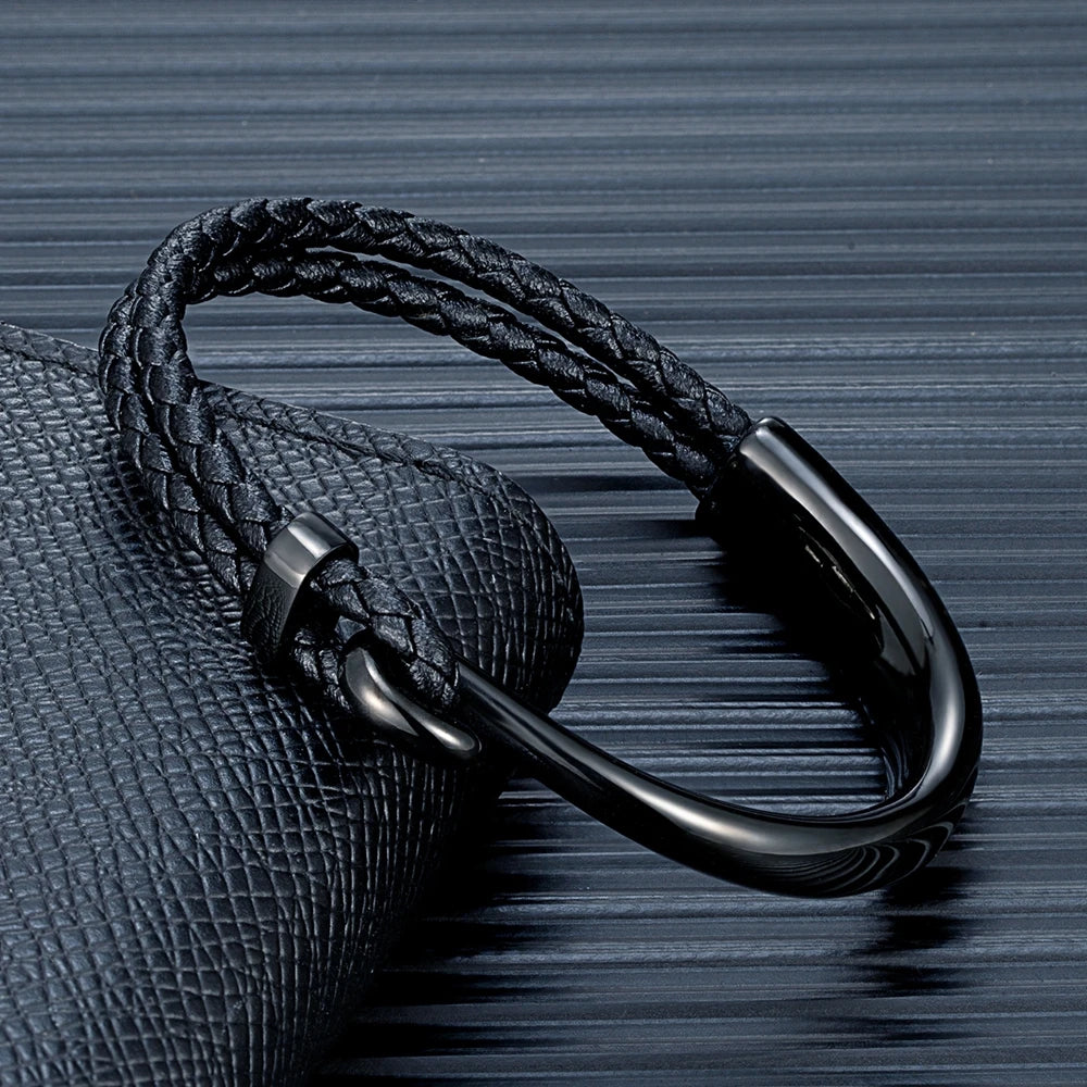 MKENDN Fashion Simple Style Black Braided Leather Bracelet Non-fading Steel Hook Classic Cuff Charm Bracelet for Men Male Gifts