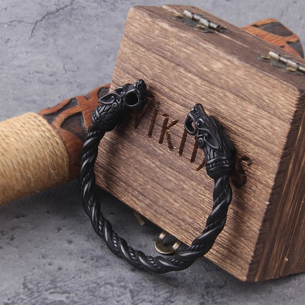 Bracelet en acier inoxydable noir avec dragon nordique viking pour homme avec boîte en bois viking