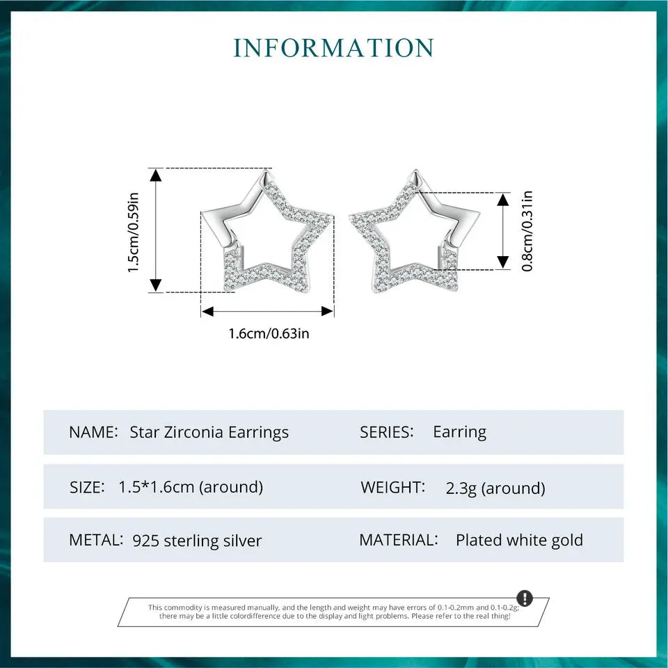 BISAER 925 Sterling Silver Dazzling Star Stud Earrings Pavé Setting Zircon Plated White Gold Fine Jewelry For Woman Party Gift