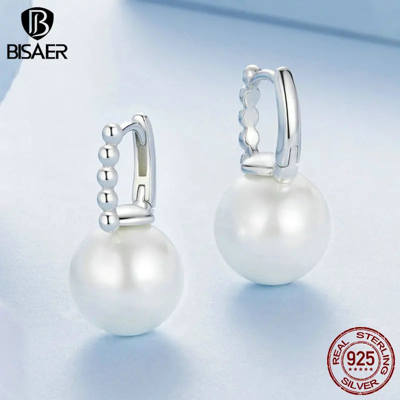 BISAER 925 Sterling Silver Pearl Open Ring Freshwater Pearl Stud Earrings for Elegant Women Party Fine Jewelry Set Autumn Gift