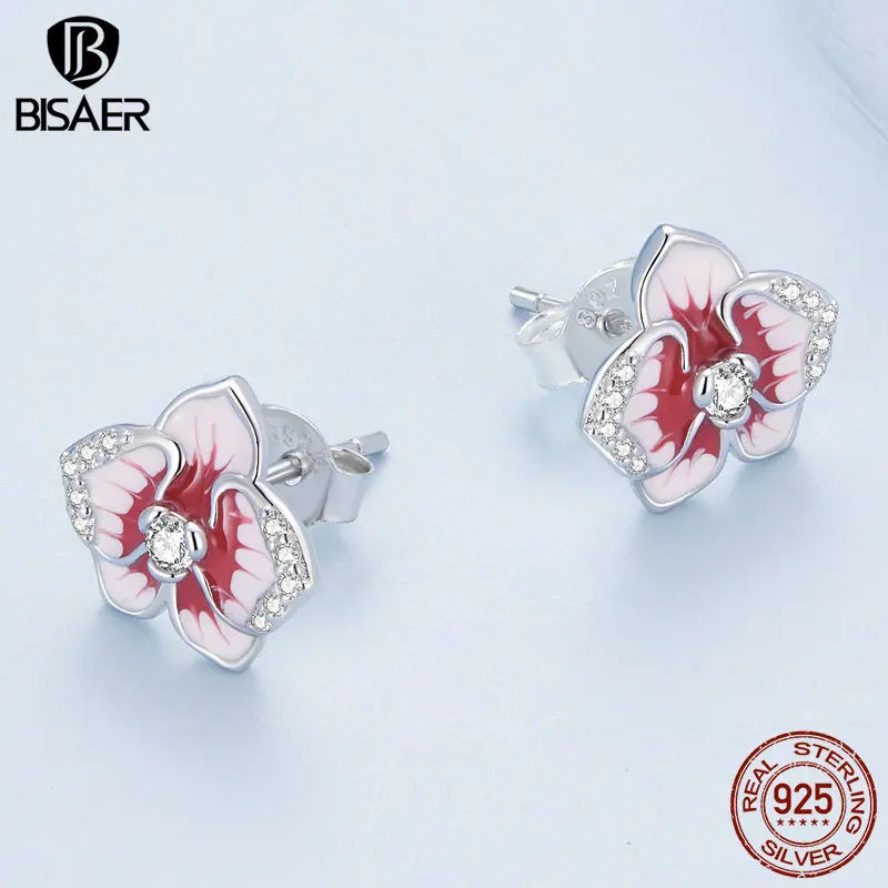 Boucles d'oreilles à tige en argent sterling 925 BISAER en forme d'orchidée papillon rose avec zircons scintillants pour femmes, bijoux fins originaux de luxe pour fête