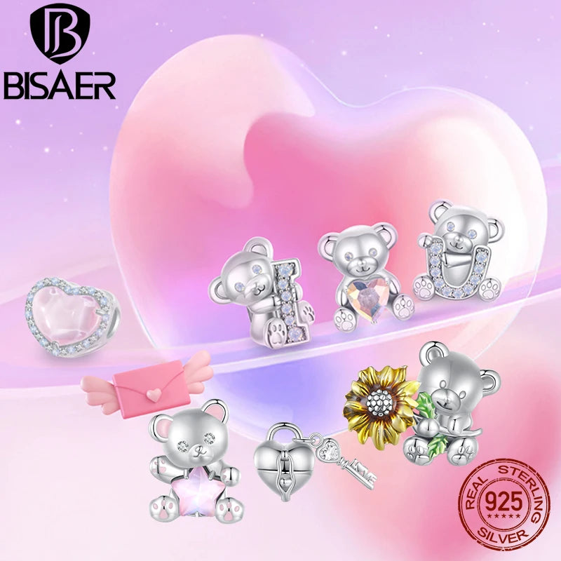 BISAER 100 % 925 Sterling Silber „I love U Bear“-Charms-Perlen Herz-Anhänger für Valentinstag DIY Armbänder Edlen Schmuck Geschenk