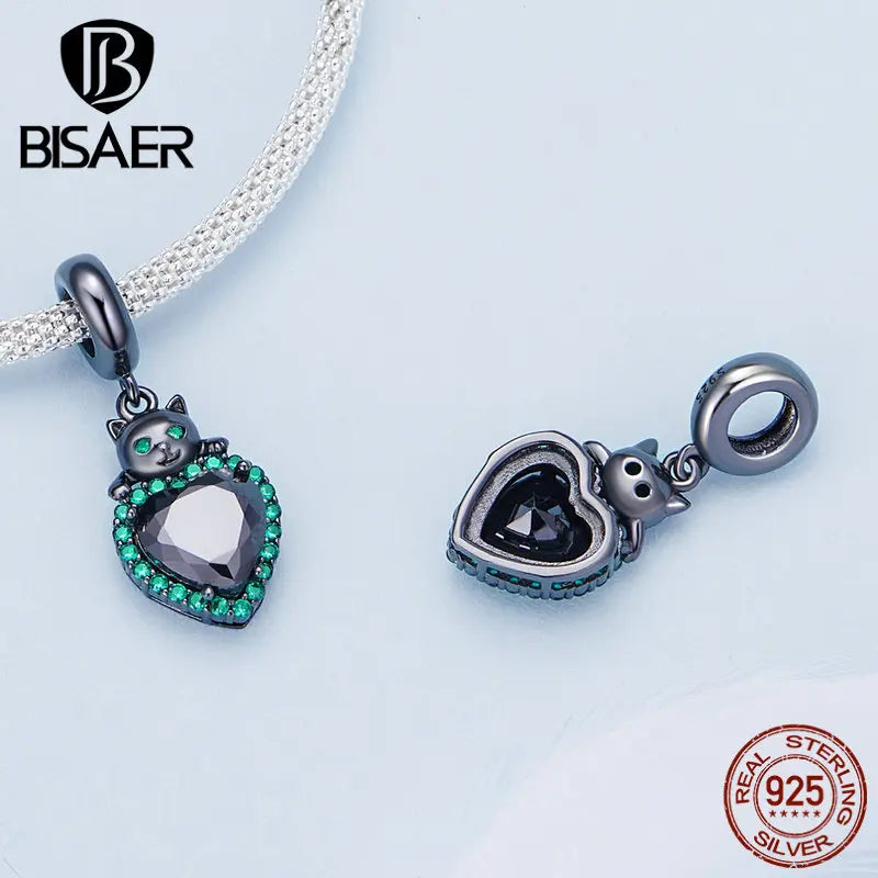 BISAER - Abalorio de plata de ley 925 con forma de gato, diseño de gato egipcio, dios cisne, chapado en oro negro, apto para pulseras de mujer, joyería fina