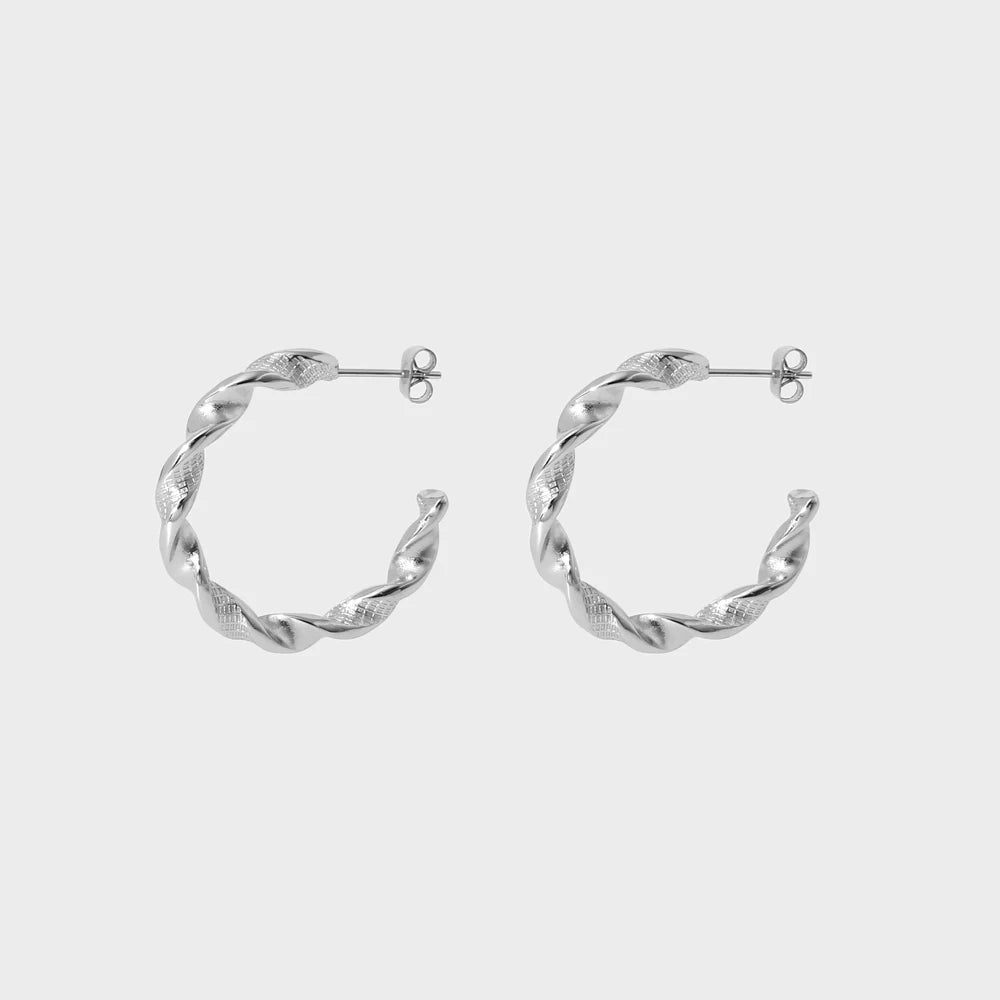 New 16K Gold Plated Stainless Steel Post Texture Twisted Hoop Earrings for Women Delicate C Shaped Studs Jewelry Gift