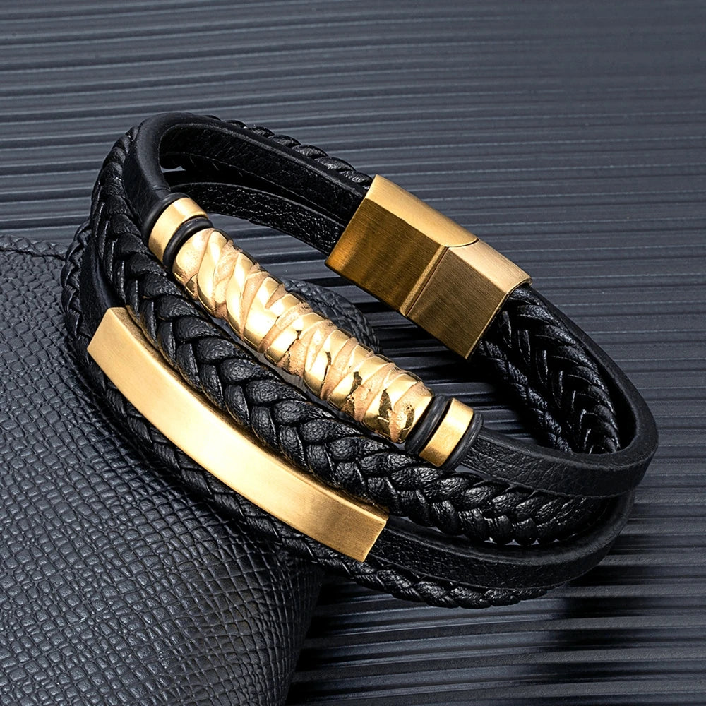 MKENDN Multilayer Stainless Steel Viking Leather Bracelets for Men Braided Bangles Punk Jewelry Homme Accessories