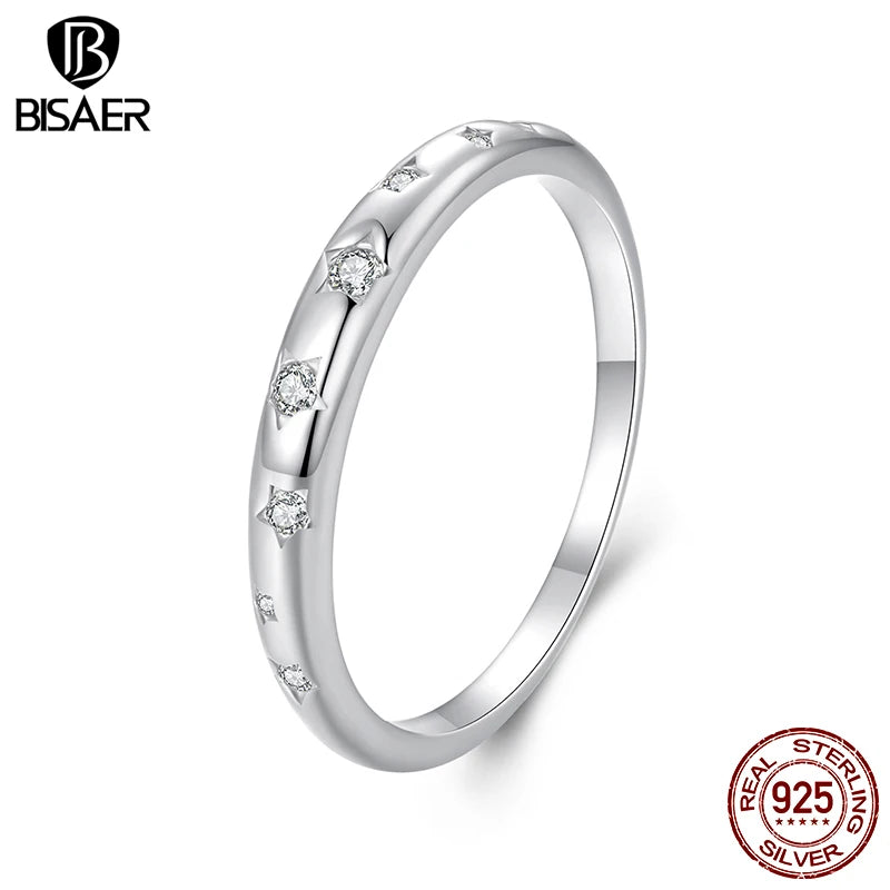 BISAER 925 Sterling Silver Star Ring Pave Setting Zircon Band Plated White Gold for Women Party Weeding Fine Jewelry Gift EFR612