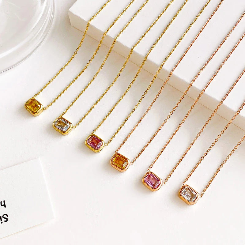 Exquisite PVD 16K Gold Plated Stainless Steel Yellow Pink Cubic Zirconia Square Pendant Necklaces for Women Waterproof Jewelry