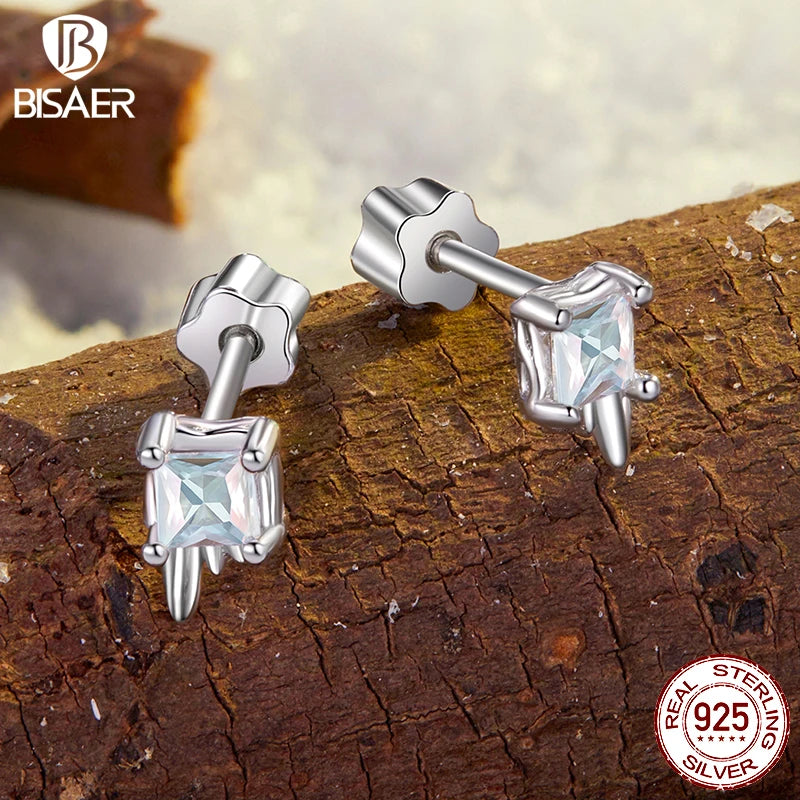 BISAER Real 925 Sterling Silver Ice Cube Cube Stud Earrings Sparkling Zircon Stud Ear For Women Party Original Fine Jewelry Gift