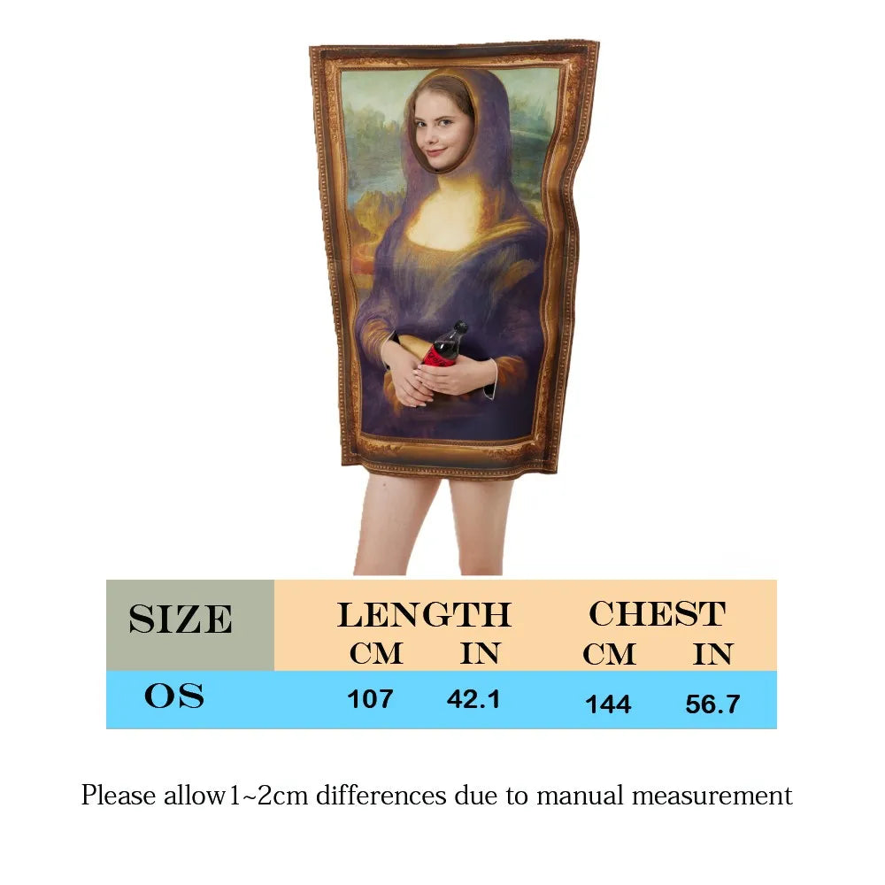 Cosplay Lustige Mona Lisa Wandbild Kostüme Requisiten für Erwachsene Unisex Schwamm Overall Halloween Klassischer Karneval Fancy Dress Up Party