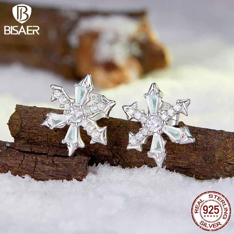 BISAER Real 925 Sterling Silver Ice Flower Stud Earrings Sparkling Zircon Stud Ear For Luxury Women Party Original Fine Jewelry