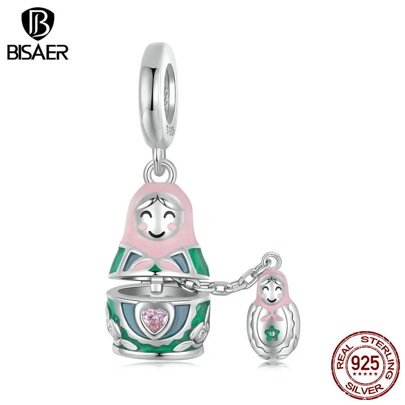 BISAER 925 Sterling Silver Matryoshka Doll Pendant Colorful Enamel Process Charm for Women DIY Bracelet & Necklace Fine Jewelry