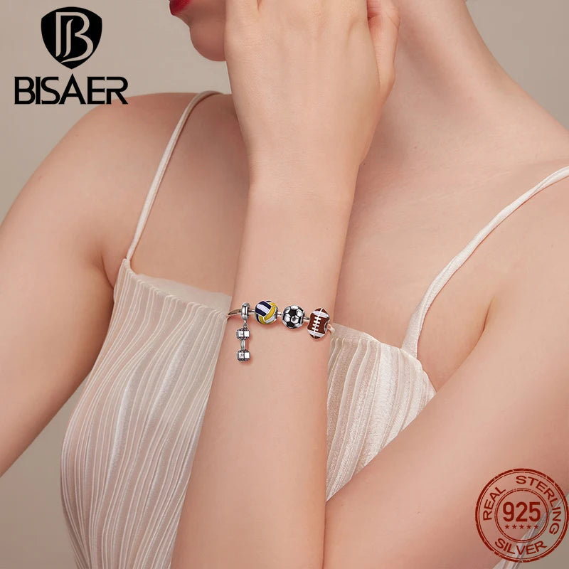 BISAER - Colgante de plata de ley 925 con forma de bola de fútbol, ​​voleibol, tenis, baloncesto, mancuerna, compatible con pulseras, joyería fina DIY